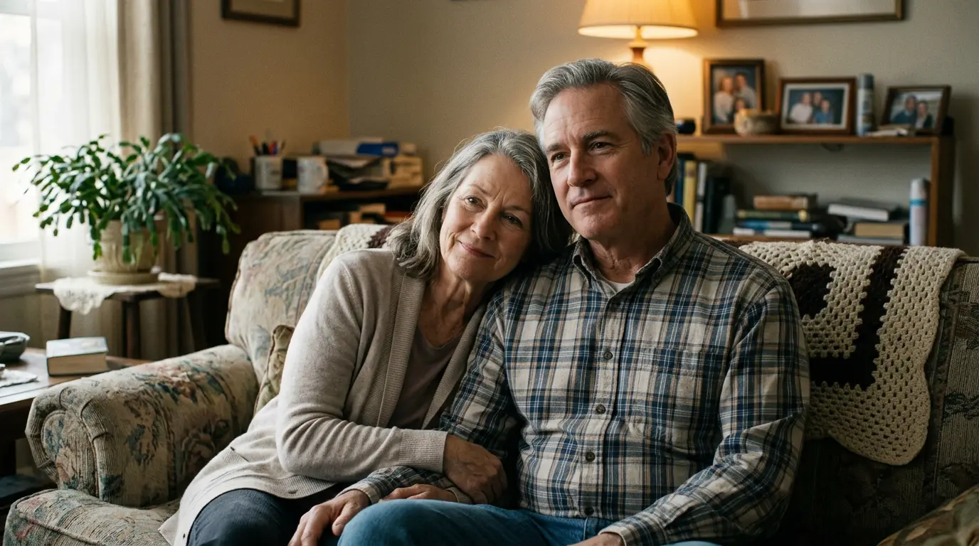 Couple in their late fifties and sixties resting together on the couch at home