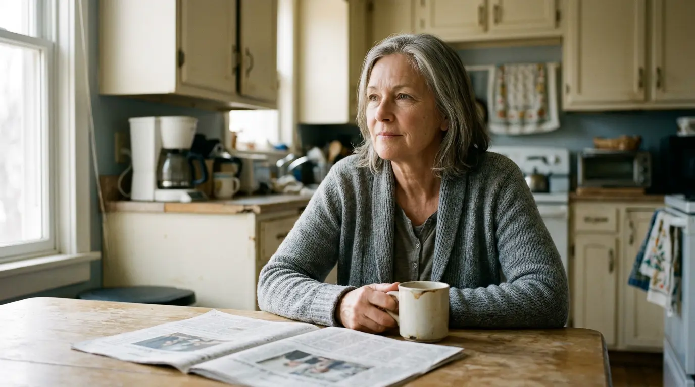 Woman in her sixties holding a mug of coffee at her kitchen table in the morning
