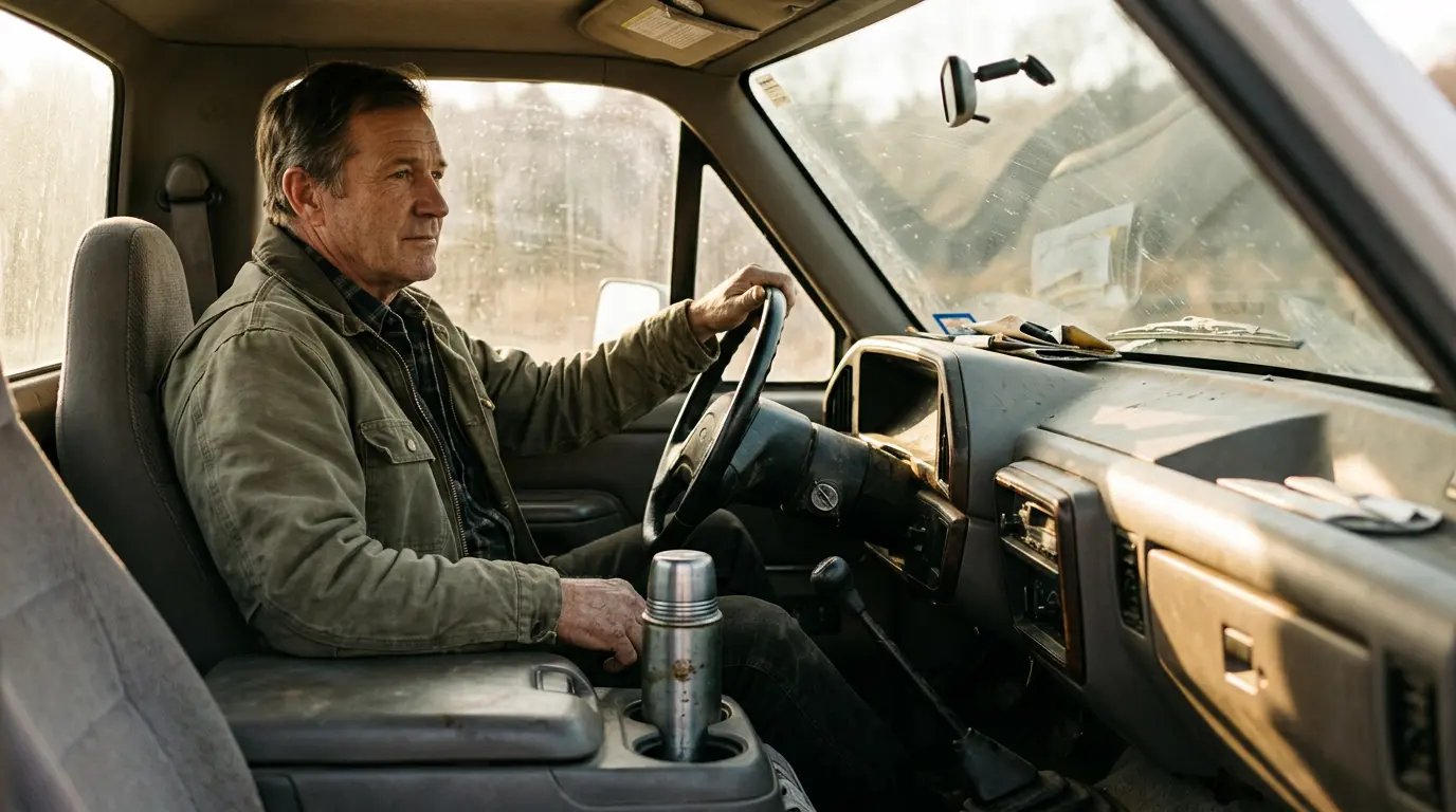 Man in his late fifties sitting in the cab of his work pickup truck