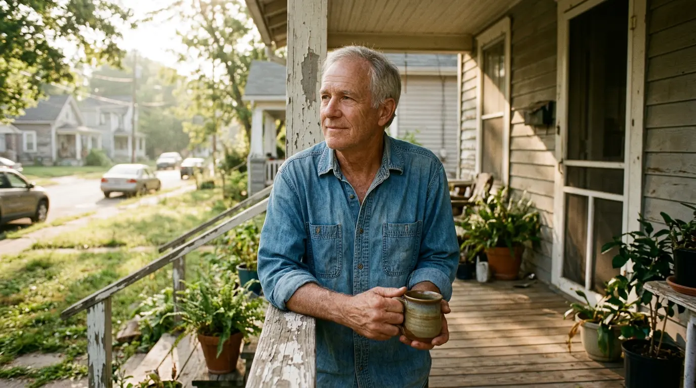 Man in his sixties standing on his porch with a mug in the morning sun